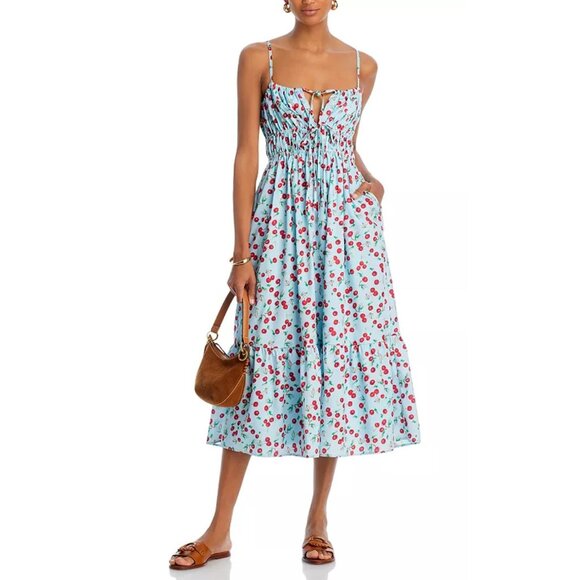 AQUA Women's Cherry Print Spaghetti Straps  Tiered Skirt Midi Dress Size L 2801 - Picture 2 of 11